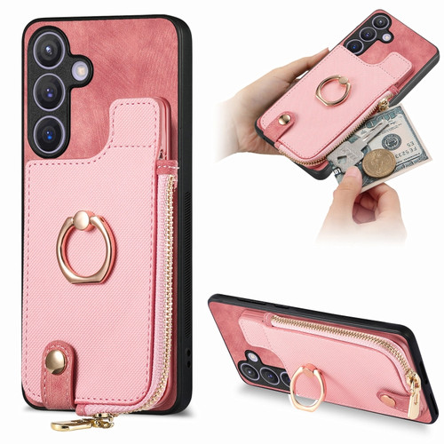 Samsung Galaxy S24+ 5G Cross Leather Ring Vertical Zipper Wallet Back Phone Case - Pink