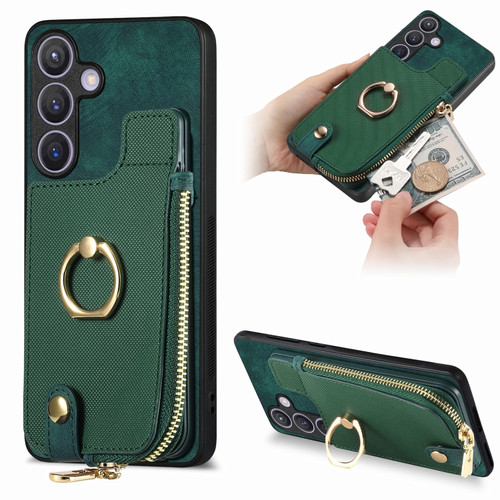 Samsung Galaxy S24+ 5G Cross Leather Ring Vertical Zipper Wallet Back Phone Case - Green