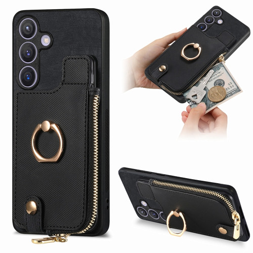 Samsung Galaxy S24+ 5G Cross Leather Ring Vertical Zipper Wallet Back Phone Case - Black