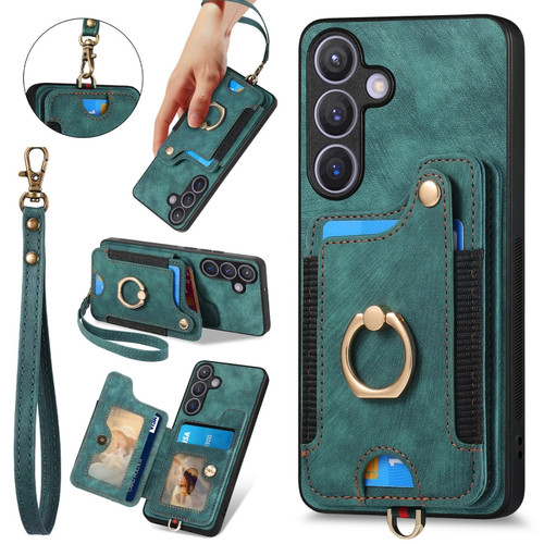Samsung Galaxy S24+ 5G Retro Skin-feel Ring Multi-card Wallet Phone Case - Green