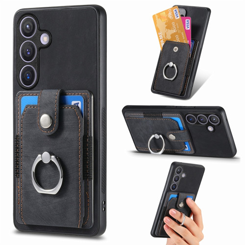 Samsung Galaxy S24+ 5G Retro Skin-feel Ring Card Wallet Phone Case - Black