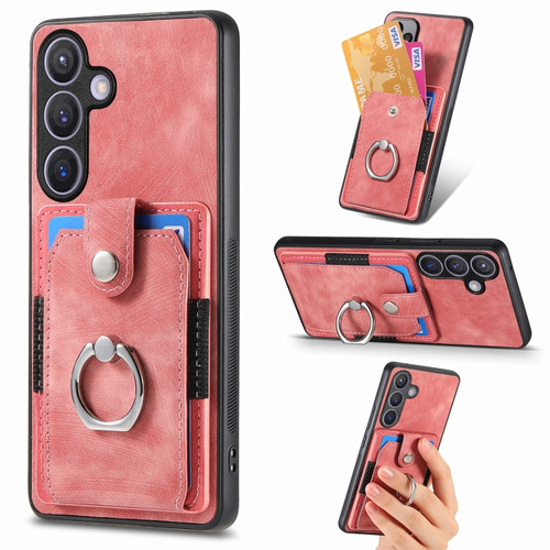 Samsung Galaxy S24+ 5G Retro Skin-feel Ring Card Wallet Phone Case - Pink