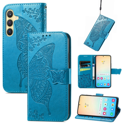 Samsung Galaxy S24+ 5G Butterfly Love Flower Embossed Leather Phone Case - Blue