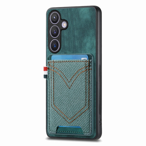 Samsung Galaxy S24+ 5G Denim Texture Leather Skin Phone Case with Card Slot - Green