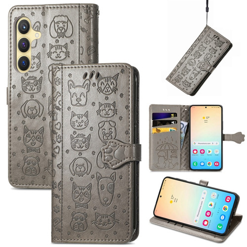 Samsung Galaxy S24+ 5G Cat and Dog Embossed Leather Phone Case - Gray