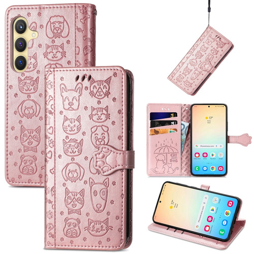 Samsung Galaxy S24+ 5G Cat and Dog Embossed Leather Phone Case - Rose Gold