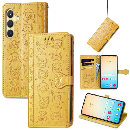 Samsung Galaxy S24+ 5G Cat and Dog Embossed Leather Phone Case - Yellow