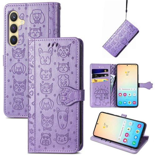 Samsung Galaxy S24+ 5G Cat and Dog Embossed Leather Phone Case - Purple