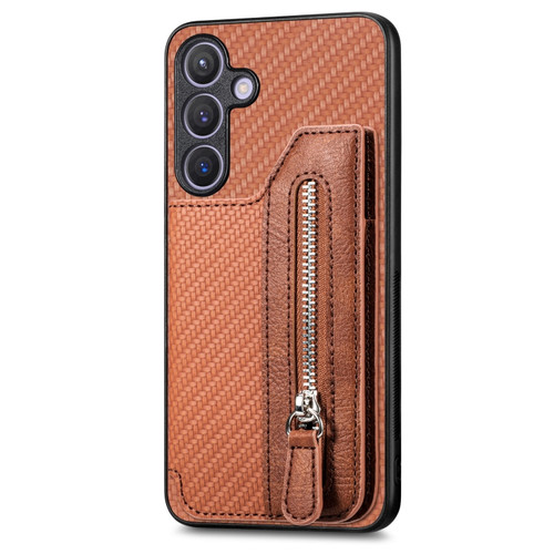 Samsung Galaxy S24+ 5G Carbon Fiber Horizontal Flip Zipper Wallet Phone Case - Brown