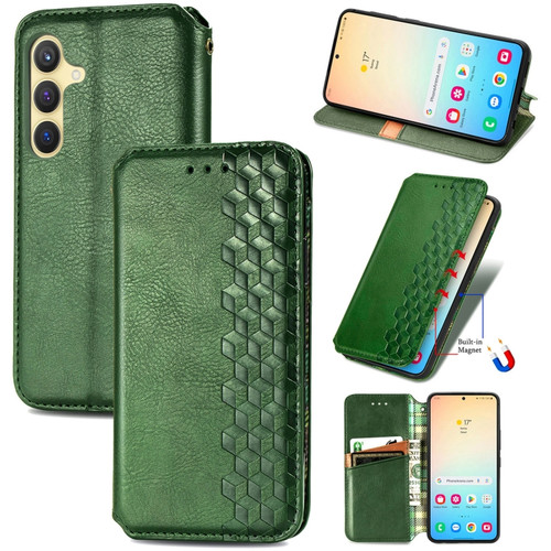 Samsung Galaxy S24+ 5G Cubic Grid Pressed Magnetic Leather Phone Case - Green