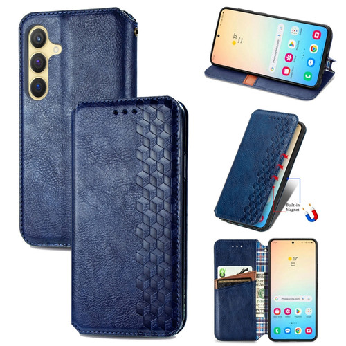 Samsung Galaxy S24+ 5G Cubic Grid Pressed Magnetic Leather Phone Case - Blue