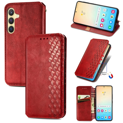 Samsung Galaxy S24+ 5G Cubic Grid Pressed Magnetic Leather Phone Case - Red