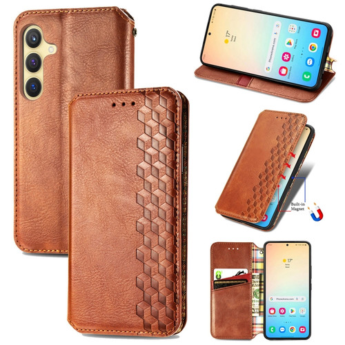 Samsung Galaxy S24+ 5G Cubic Grid Pressed Magnetic Leather Phone Case - Brown