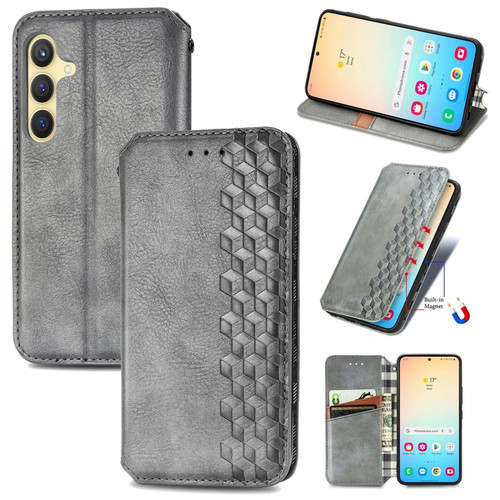 Samsung Galaxy S24+ 5G Cubic Grid Pressed Magnetic Leather Phone Case - Grey