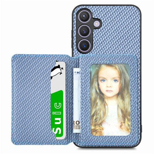 Samsung Galaxy S24+ 5G Carbon Fiber Magnetic Card Wallet RFID Blocking Phone Case - Blue