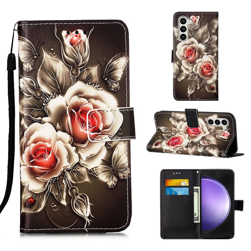 Samsung Galaxy S24+ 5G Colored Drawing Pattern Plain Weave Leather Phone Case - Roses On Black