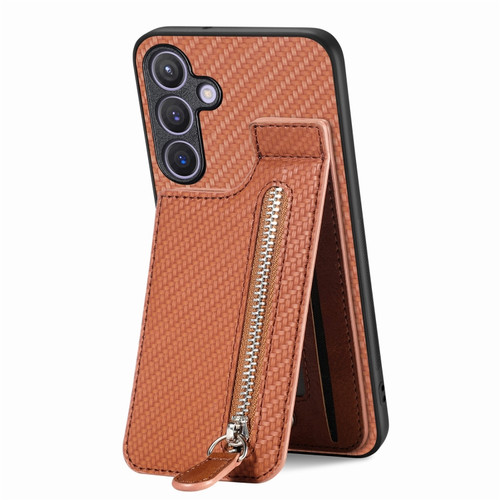 Samsung Galaxy S24+ 5G Carbon Fiber Vertical Flip Zipper Phone Case - Brown