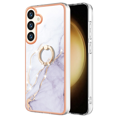 Samsung Galaxy S24+ 5G Electroplating Marble IMD TPU Phone Case with Ring Holder - White 006