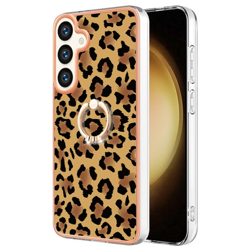 Samsung Galaxy S24+ 5G Electroplating Dual-side IMD Phone Case with Ring Holder - Leopard Print