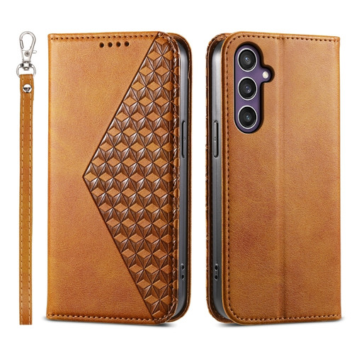Samsung Galaxy S24+ 5G Cubic Grid Calf Texture Magnetic Leather Phone Case - Yellow
