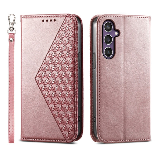 Samsung Galaxy S24+ 5G Cubic Grid Calf Texture Magnetic Leather Phone Case - Rose Gold