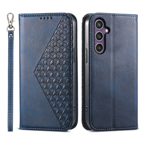 Samsung Galaxy S24+ 5G Cubic Grid Calf Texture Magnetic Leather Phone Case - Blue