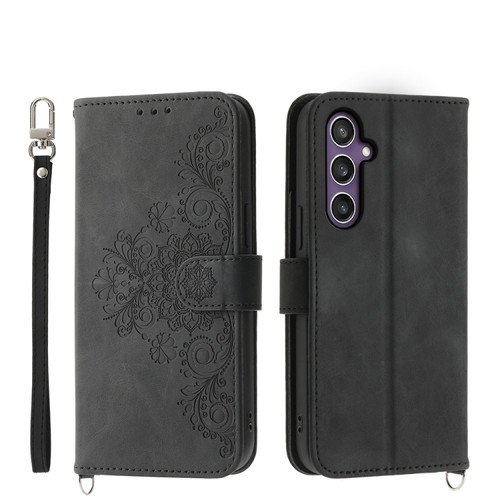 Samsung Galaxy S24+ 5G Skin-feel Flowers Embossed Wallet Leather Phone Case - Black