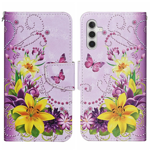 Samsung Galaxy S24+ 5G Colored Drawing Pattern Leather Phone Case - Yellow Flower Butterfly