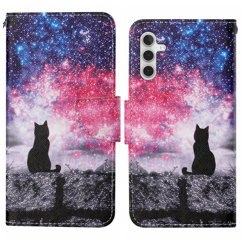 Samsung Galaxy S24+ 5G Colored Drawing Pattern Leather Phone Case - Star Sky Cat