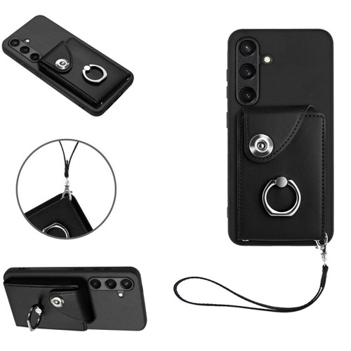 Samsung Galaxy S24+ 5G Organ Card Bag Ring Holder PU Phone Case with Lanyard - Black