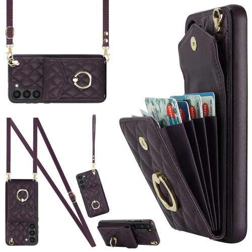 Samsung Galaxy S24+ 5G Rhombic Texture Card Bag Phone Case with Long Lanyard - Dark Purple