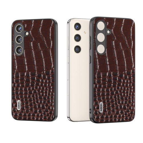 Samsung Galaxy S24+ 5G ABEEL Genuine Leather Crocodile Pattern Phone Case with Holder - Coffee