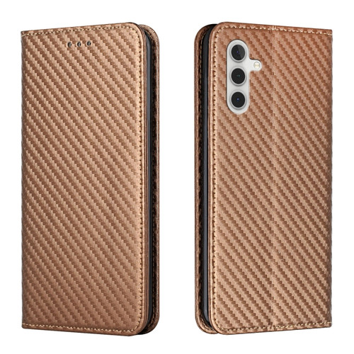 Samsung Galaxy S24+ 5G Carbon Fiber Texture Flip Holder Leather Phone Case - Brown