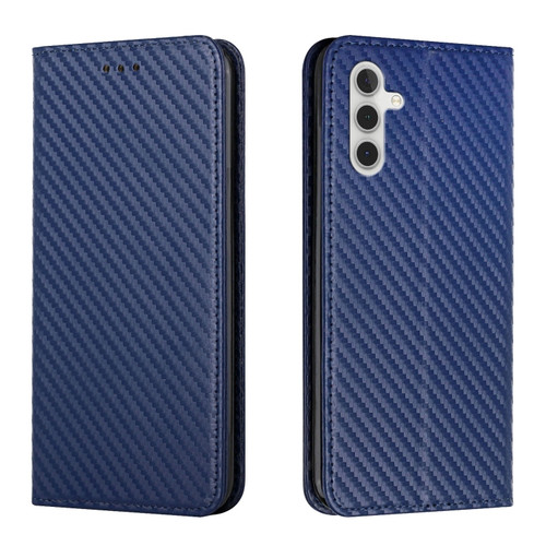 Samsung Galaxy S24+ 5G Carbon Fiber Texture Flip Holder Leather Phone Case - Blue