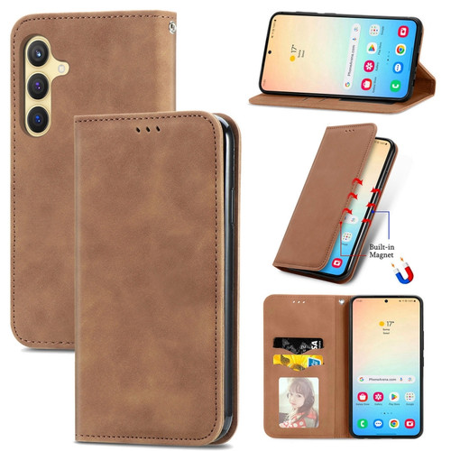 Samsung Galaxy S24+ 5G Retro Skin Feel Magnetic Leather Phone Case - Brown