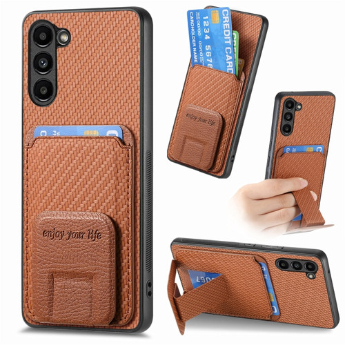 Samsung Galaxy S24+ 5G Carbon Fiber Card Bag Fold Stand Phone Case - Brown