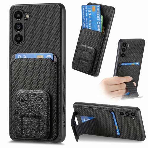 Samsung Galaxy S24+ 5G Carbon Fiber Card Bag Fold Stand Phone Case - Black