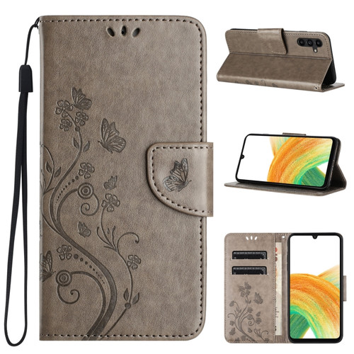 Samsung Galaxy S24+ 5G Butterfly Flower Pattern Flip Leather Phone Case - Grey