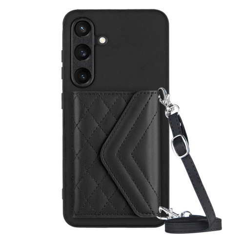 Samsung Galaxy S24+ 5G Rhombic Texture Card Bag RFID Phone Case with Long Lanyard - Black