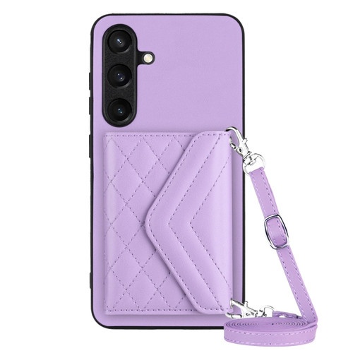 Samsung Galaxy S24+ 5G Rhombic Texture Card Bag RFID Phone Case with Long Lanyard - Light Purple
