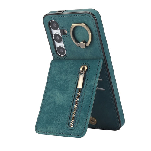 Samsung Galaxy S24+ 5G Retro Ring and Zipper RFID Card Slot Phone Case - Green