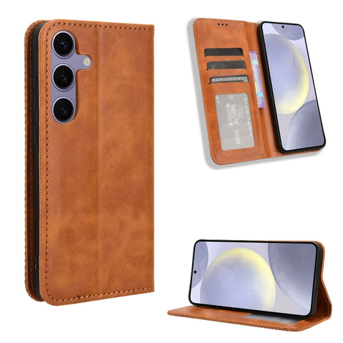 Samsung Galaxy S24+ 5G Magnetic Buckle Retro Texture Leather Phone Case - Brown