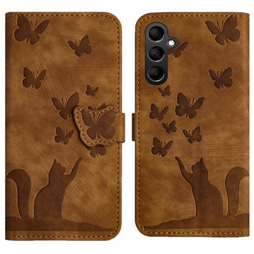Samsung Galaxy S24+ 5G Butterfly Cat Embossing Flip Leather Phone Case - Brown