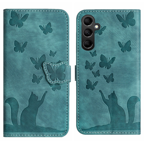 Samsung Galaxy S24+ 5G Butterfly Cat Embossing Flip Leather Phone Case - Wathet