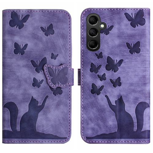 Samsung Galaxy S24+ 5G Butterfly Cat Embossing Flip Leather Phone Case - Purple