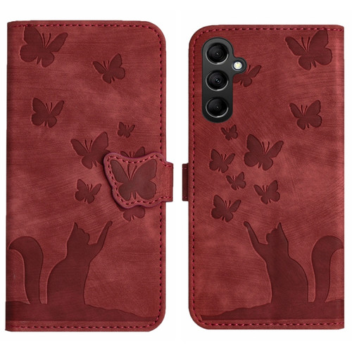 Samsung Galaxy S24+ 5G Butterfly Cat Embossing Flip Leather Phone Case - Red