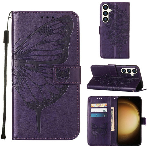 Samsung Galaxy S24+ 5G Embossed Butterfly Leather Phone Case - Dark Purple