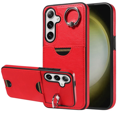 Samsung Galaxy S24+ 5G Calf Texture Card Slot Ring Holder Phone Case - Red