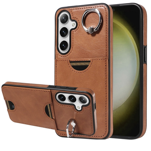 Samsung Galaxy S24+ 5G Calf Texture Card Slot Ring Holder Phone Case - Brown