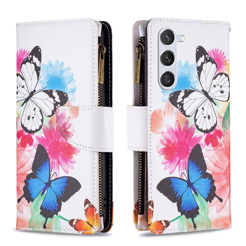 Samsung Galaxy S24 5G Colored Drawing Pattern Zipper Leather Phone Case - Two Butterflies